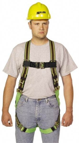 Miller - 400 Lb Capacity, Size Universal, Full Body Construction Safety Harness - Polyester Webbing, Quick Connect Leg Strap, Quick Connect Chest Strap, Green/Black - Apex Tool & Supply
