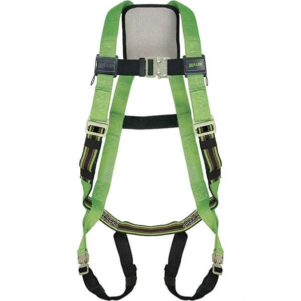 Miller - 400 Lb Capacity, Size Universal, Full Body Construction Safety Harness - Polyester Webbing, Quick Connect Leg Strap, Quick Connect Chest Strap, Green/Black - Apex Tool & Supply