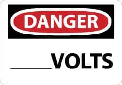 NMC - Accident Prevention Label, Header: DANGER - Legend: Danger - ____ Volts, English, Red, Black & White, 5" Long x 3" High, Sign Muscle Finish - Apex Tool & Supply