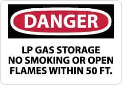 NMC - "Danger - LP Gas Storage - No Smoking or Open Flames Within 50 Ft.", 10" Long x 14" Wide, Aluminum Safety Sign - Rectangle, 0.04" Thick, Use for Accident Prevention - Apex Tool & Supply