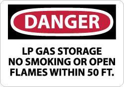 NMC - "Danger - LP Gas Storage - No Smoking or Open Flames Within 50 Ft.", 10" Long x 14" Wide, Pressure-Sensitive Vinyl Safety Sign - Rectangle, 0.004" Thick, Use for Accident Prevention - Apex Tool & Supply