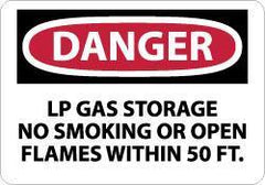 NMC - "Danger - LP Gas Storage - No Smoking or Open Flames Within 50 Ft.", 10" Long x 14" Wide, Pressure-Sensitive Vinyl Safety Sign - Rectangle, 0.004" Thick, Use for Accident Prevention - Apex Tool & Supply