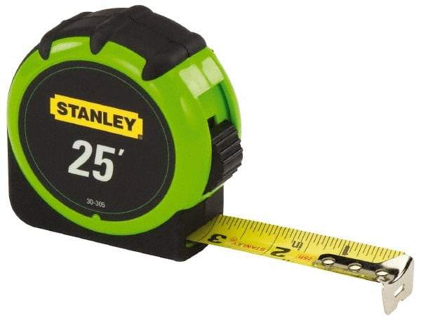 Stanley - 25' x 1" Yellow Blade Tape Measure - 1/16" Graduation, Inch Graduation Style, High-Visibility Green/Black Case - Apex Tool & Supply
