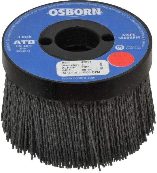 Osborn - 3" 80 Grit Silicon Carbide Crimped Disc Brush - Medium Grade, Plain Hole Connector, 1-1/2" Trim Length, 3/4" Shank Diam, 7/8" Arbor Hole - Apex Tool & Supply