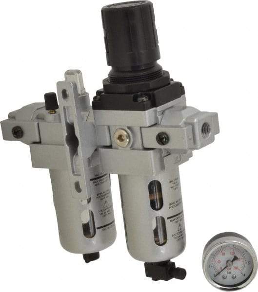 PRO-SOURCE - 1/4" NPT Port Intermediate 2 Piece Filter/Regulator-Lubricator FRL Unit - Polycarbonate Bowl, 53 SCFM, 145 Max psi, 8.66" High, Manual Drain - Apex Tool & Supply