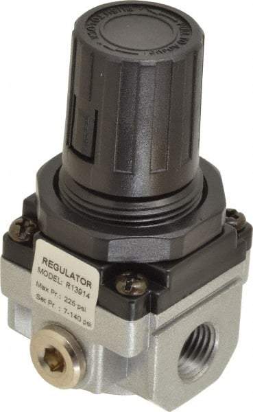 PRO-SOURCE - 1/4 NPT Port, 21 CFM, Aluminum Miniature Regulator - 7 to 145 psi Range, 220 Max psi Supply Pressure, 1/8" Gauge Port Thread, 1.56" Wide x 3.19" High - Apex Tool & Supply
