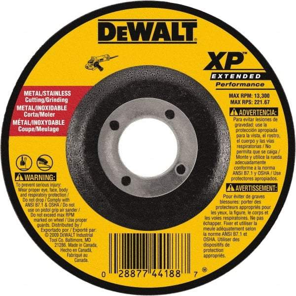 DeWALT - 24 Grit, 9" Wheel Diam, 1/8" Wheel Thickness, 7/8" Arbor Hole, Type 27 Depressed Center Wheel - Zirconia Alumina, Resinoid Bond, 6,600 Max RPM, Compatible with Angle Grinder - Apex Tool & Supply