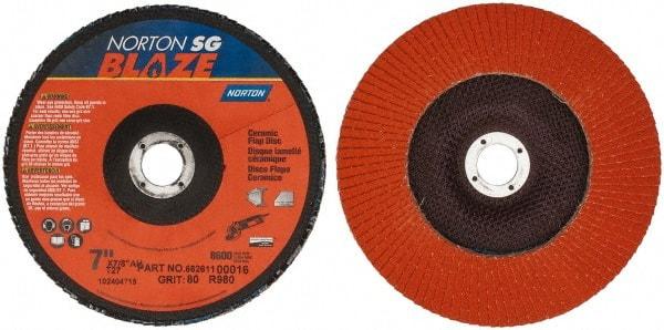 Norton - 80 Grit, 7" Disc Diam, 7/8" Center Hole, Type 27 Ceramic Flap Disc - Plastic Backing, Arbor Attaching System, Coated - Apex Tool & Supply