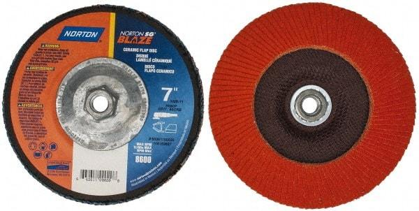 Norton - 80 Grit, 7" Disc Diam, 5/8-11 Center Hole, Type 27 Ceramic Flap Disc - Plastic Backing, Arbor Attaching System, Coated - Apex Tool & Supply