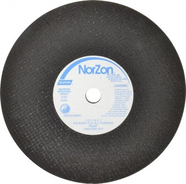 Norton - 12" Zirconia Alumina Cutoff Wheel - 1/8" Thick, 1" Arbor, 5,095 Max RPM, Use with Stationary Grinders - Apex Tool & Supply