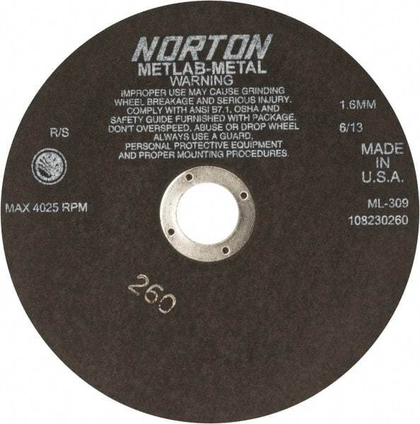 Norton - 9" Aluminum Oxide Cutoff Wheel - 0.063" Thick, 1-1/4" Arbor, 4,025 Max RPM, Use with Stationary Tools - Apex Tool & Supply