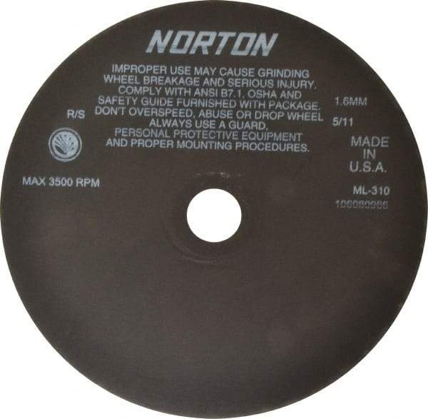 Norton - 10" Aluminum Oxide Cutoff Wheel - 0.063" Thick, 1-1/4" Arbor, 3,500 Max RPM, Use with Stationary Tools - Apex Tool & Supply