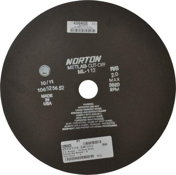 Norton - 12" Aluminum Oxide Cutoff Wheel - 0.078" Thick, 1-1/4" Arbor, 3,820 Max RPM, Use with Stationary Tools - Apex Tool & Supply