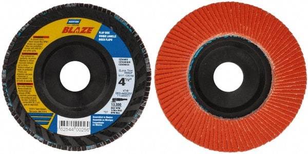 Norton - 120 Grit, 4-1/2" Disc Diam, 7/8" Center Hole, Type 27 Ceramic Flap Disc - Fiberglass Backing, Arbor Attaching System, Coated - Apex Tool & Supply