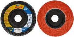 Norton - 120 Grit, 4-1/2" Disc Diam, 7/8" Center Hole, Type 27 Ceramic Flap Disc - Fiberglass Backing, Arbor Attaching System, Coated - Apex Tool & Supply