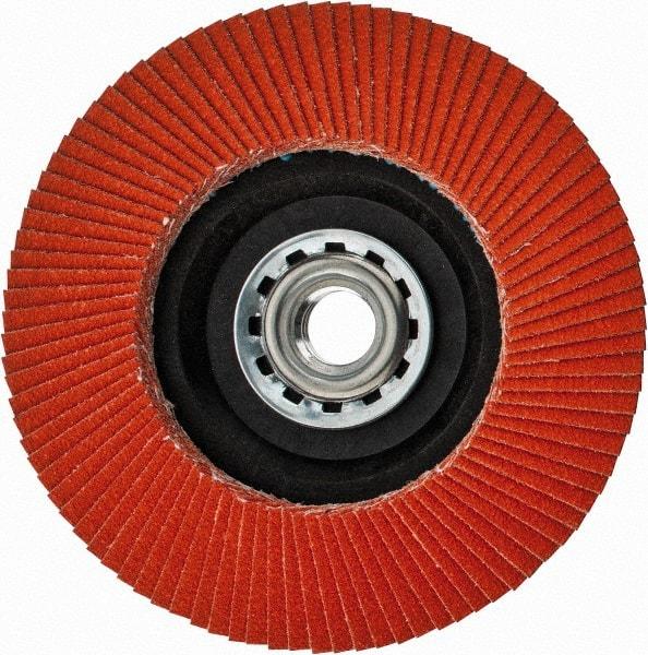 Norton - 120 Grit, 4-1/2" Disc Diam, 5/8-11 Center Hole, Type 27 Ceramic Flap Disc - Fiberglass Backing, Arbor Attaching System, Coated - Apex Tool & Supply