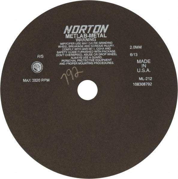 Norton - 12" Aluminum Oxide Cutoff Wheel - 0.078" Thick, 1-1/4" Arbor, 3,820 Max RPM, Use with Stationary Tools - Apex Tool & Supply