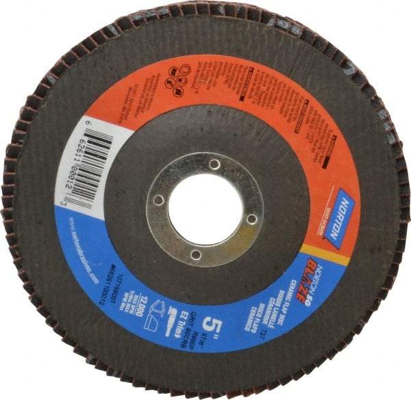 Norton - 80 Grit, 5" Disc Diam, 7/8" Center Hole, Type 27 Ceramic Flap Disc - Plastic Backing, Arbor Attaching System, Coated - Apex Tool & Supply