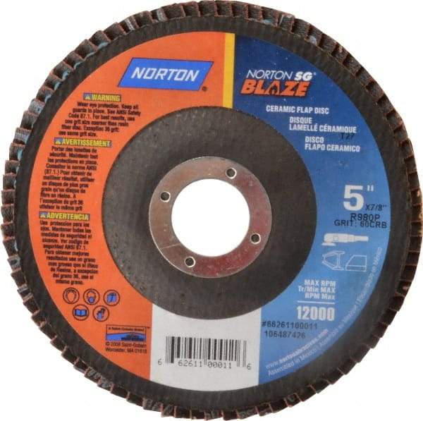 Norton - 60 Grit, 5" Disc Diam, 7/8" Center Hole, Type 27 Ceramic Flap Disc - Plastic Backing, Arbor Attaching System, Coated - Apex Tool & Supply