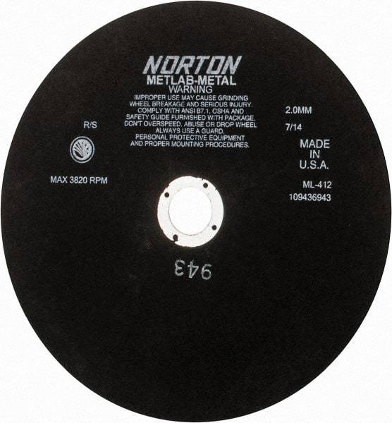 Norton - 12" Aluminum Oxide Cutoff Wheel - 0.078" Thick, 1-1/4" Arbor, 3,820 Max RPM, Use with Stationary Tools - Apex Tool & Supply