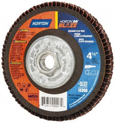 Norton - 60 Grit, 4-1/2" Disc Diam, 5/8-11 Center Hole, Type 27 Ceramic Flap Disc - Plastic Backing, Arbor Attaching System, Coated - Apex Tool & Supply