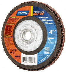 Norton - 40 Grit, 4-1/2" Disc Diam, 5/8-11 Center Hole, Type 27 Ceramic Flap Disc - Plastic Backing, Arbor Attaching System, Coated - Apex Tool & Supply