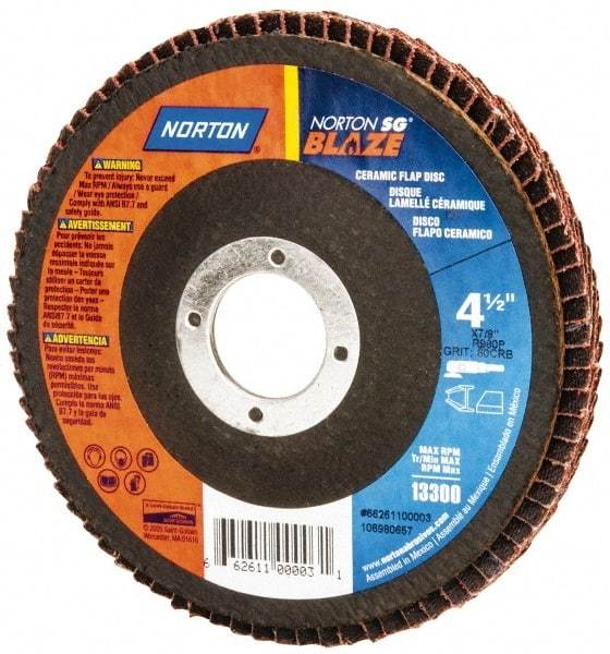 Norton - 60 Grit, 4-1/2" Disc Diam, 7/8" Center Hole, Type 27 Ceramic Flap Disc - Plastic Backing, Arbor Attaching System, Coated - Apex Tool & Supply