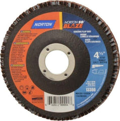 Norton - 80 Grit, 4-1/2" Disc Diam, 7/8" Center Hole, Type 27 Ceramic Flap Disc - Plastic Backing, Arbor Attaching System, Coated - Apex Tool & Supply