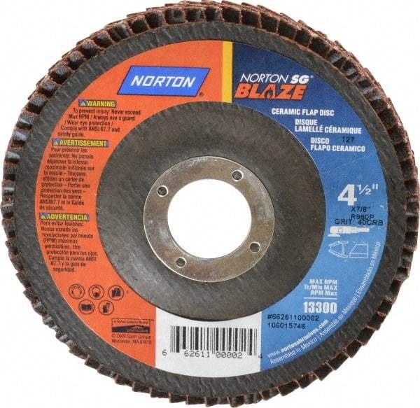 Norton - 40 Grit, 4-1/2" Disc Diam, 7/8" Center Hole, Type 27 Ceramic Flap Disc - Plastic Backing, Arbor Attaching System, Coated - Apex Tool & Supply