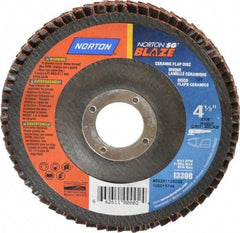 Norton - 40 Grit, 4-1/2" Disc Diam, 7/8" Center Hole, Type 27 Ceramic Flap Disc - Plastic Backing, Arbor Attaching System, Coated - Apex Tool & Supply