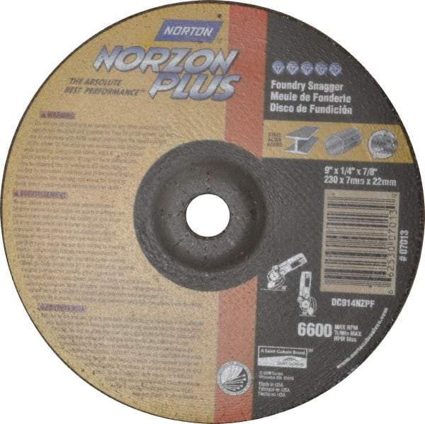 Norton - 9" Wheel Diam, 1/4" Wheel Thickness, 7/8" Arbor Hole, Depressed Center Wheel - Ceramic, Resinoid Bond, 6,600 Max RPM - Apex Tool & Supply