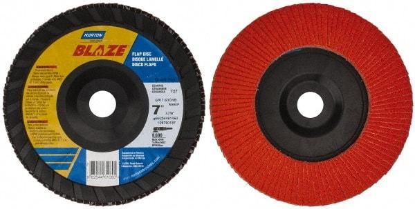 Norton - 60 Grit, 7" Disc Diam, 7/8" Center Hole, Type 27 Ceramic Flap Disc - Plastic Backing, Arbor Attaching System, Coated - Apex Tool & Supply