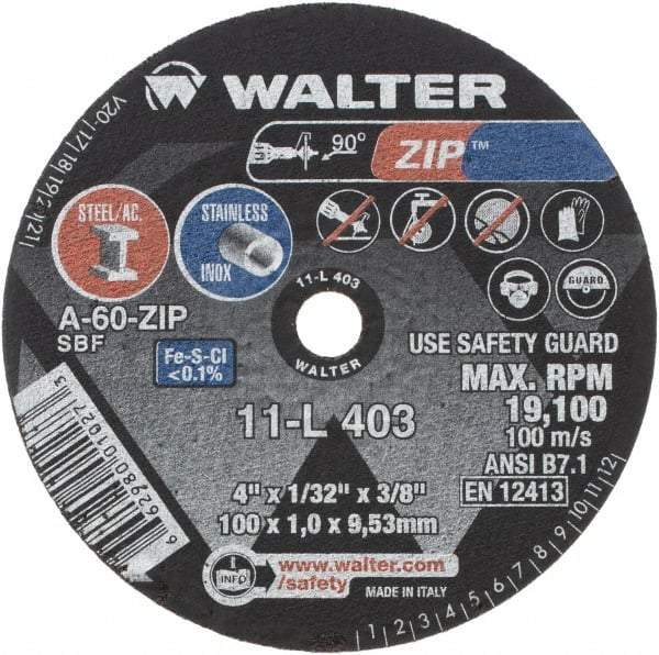 WALTER Surface Technologies - 4" 60 Grit Aluminum Oxide Cutoff Wheel - 1/32" Thick, 3/8" Arbor, 19,100 Max RPM, Use with Die Grinders - Apex Tool & Supply