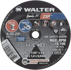 WALTER Surface Technologies - 4" 60 Grit Aluminum Oxide Cutoff Wheel - 1/32" Thick, 3/8" Arbor, 19,100 Max RPM, Use with Die Grinders - Apex Tool & Supply