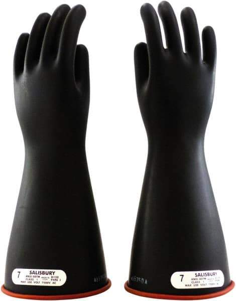 Salisbury by Honeywell - Class 1, Size M (8), 14" Long, Rubber Lineman's Glove - 7,500 AC Max Use Voltage, 10,000 AC Test Voltage, Black, ASTM D120 - Apex Tool & Supply