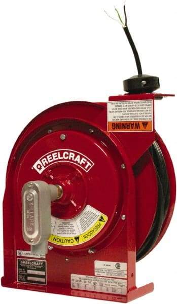 Reelcraft - 12 AWG, 45' Cable Length, Cord & Cable Reel with Flying Lead End - 0 Outlets, 20 Amps, 125 Volts, SJEOOW Cable, Red Reel, Spring Driven Reel - Apex Tool & Supply