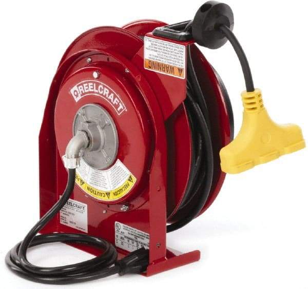 Reelcraft - 12 AWG, 45' Cable Length, Cord & Cable Reel with Triple-Tap Outlet End - 3 Outlets, NEMA 5-15R, 15 Amps, 125 Volts, SJEOOW Cable, Red Reel, Spring Driven Reel - Apex Tool & Supply