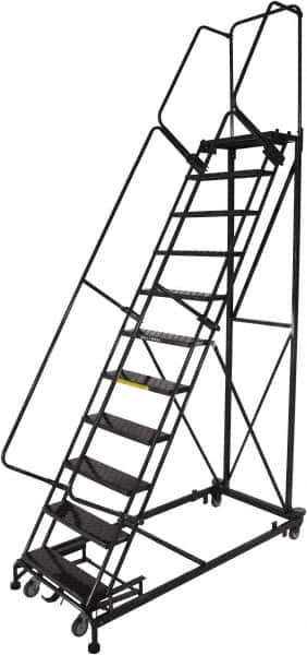 Ballymore - 143" 11 Step Ladder - Rolling Safety Ladder, 600 Lb Capacity, 110" Platform Height, 32" Base Width x 87" Base Depth, Expanded Metal Tread - Apex Tool & Supply