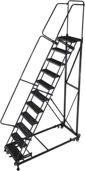 Ballymore - 143" 11 Step Ladder - Rolling Safety Ladder, 600 Lb Capacity, 110" Platform Height, 32" Base Width x 87" Base Depth, Serrated - Apex Tool & Supply