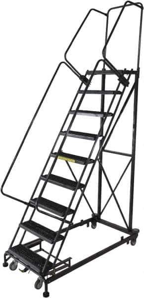 Ballymore - 123" 9 Step Ladder - Rolling Safety Ladder, 600 Lb Capacity, 90" Platform Height, 32" Base Width x 75" Base Depth, Serrated - Apex Tool & Supply