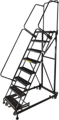 Ballymore - 113" 8 Step Ladder - Rolling Safety Ladder, 600 Lb Capacity, 80" Platform Height, 32" Base Width x 68" Base Depth, Serrated - Apex Tool & Supply