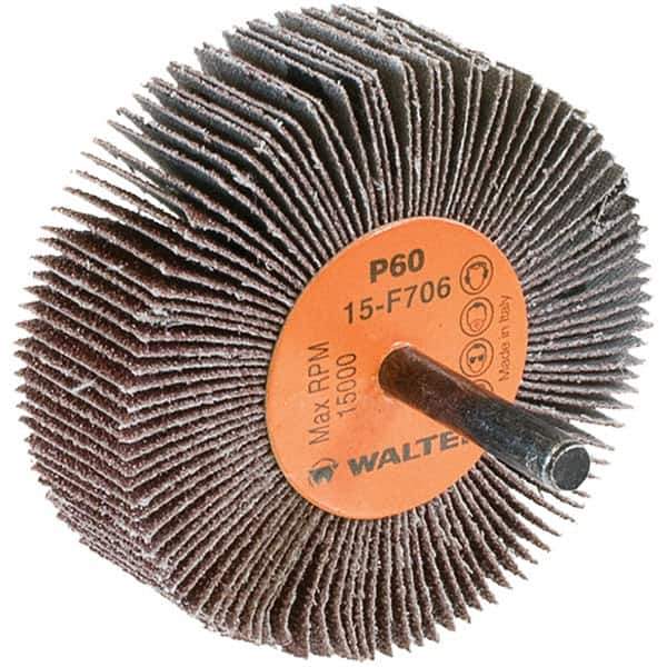 WALTER Surface Technologies - 3" Diam x 1" Face Width, Medium Aluminum Oxide Coated Mounted Flap Wheel - 1/4" Shank Mount, 60 Grit, Cloth Backing, 15,000 Max RPM - Apex Tool & Supply