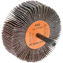 WALTER Surface Technologies - 3" Diam x 1" Face Width, Medium Aluminum Oxide Coated Mounted Flap Wheel - 1/4" Shank Mount, 60 Grit, Cloth Backing, 15,000 Max RPM - Apex Tool & Supply