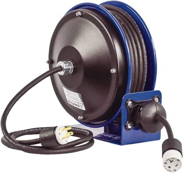 CoxReels - 16 AWG, 30' Cable Length, Cord & Cable Reel with Outlet End - 1 Outlet, NEMA 5-15R, 13 Amps, 115 Volts, SJO Cable, Blue Reel, Spring Driven Reel - Apex Tool & Supply