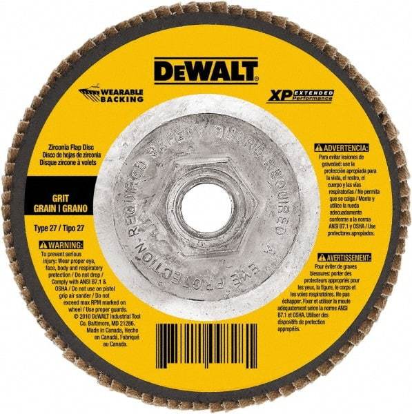 DeWALT - 60 Grit, 4-1/2" Disc Diam, 5/8-11 Center Hole, Type 27 Zirconia Alumina Flap Disc - 13,300 Max RPM, Cloth Backing, Arbor Attaching System, Coated - Apex Tool & Supply