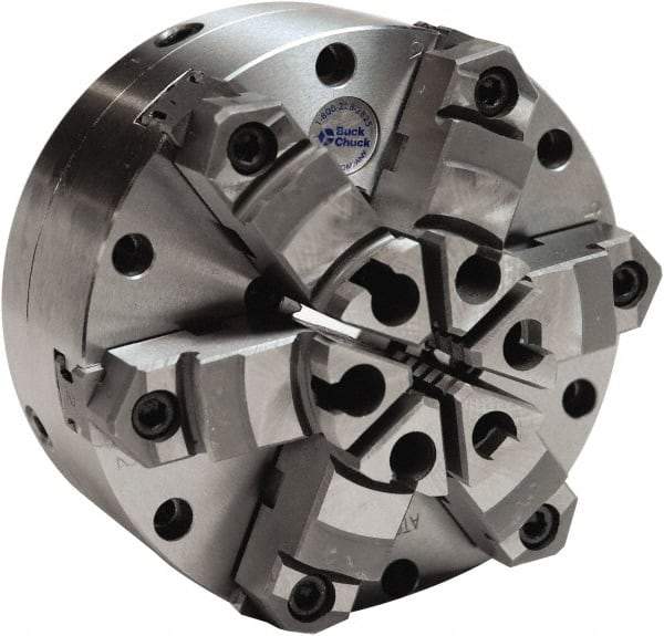 Buck Chuck Company - 6 Jaws, 6" Diam, Self Centering Manual Lathe Chuck - Plain Back Mount Spindle, Adjustable, Reversible, 1,600 Max RPM, 1-11/16" Through Hole Diam, Cast Iron - Apex Tool & Supply