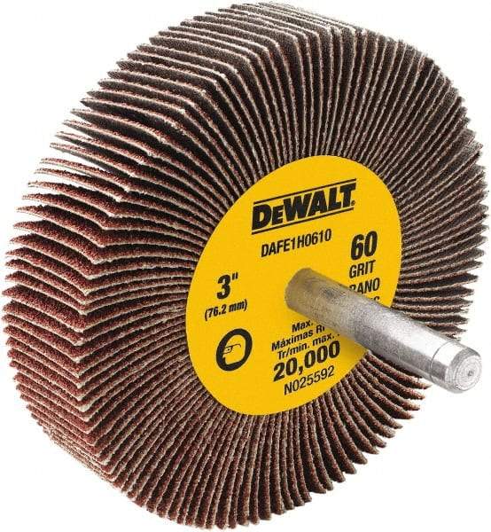 DeWALT - 3" Diam x 1" Face Width, Medium Aluminum Oxide Coated Mounted Flap Wheel - 1/4" Shank Mount, 60 Grit, Cloth Backing, 20,000 Max RPM - Apex Tool & Supply