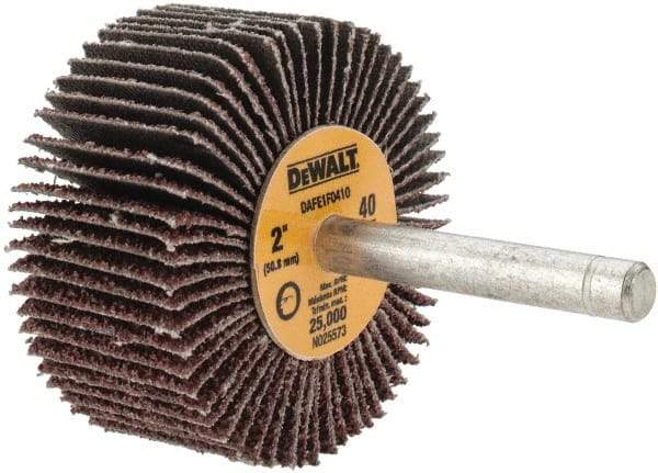 DeWALT - 2" Diam x 1" Face Width, Coarse Aluminum Oxide Coated Mounted Flap Wheel - 1/4" Shank Mount, 40 Grit, Cloth Backing, 25,000 Max RPM - Apex Tool & Supply