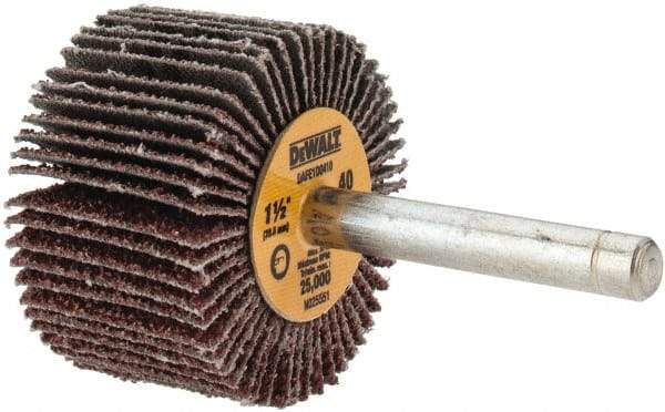 DeWALT - 1-1/2" Diam x 1" Face Width, Coarse Aluminum Oxide Coated Mounted Flap Wheel - 1/4" Shank Mount, 40 Grit, Cloth Backing, 25,000 Max RPM - Apex Tool & Supply