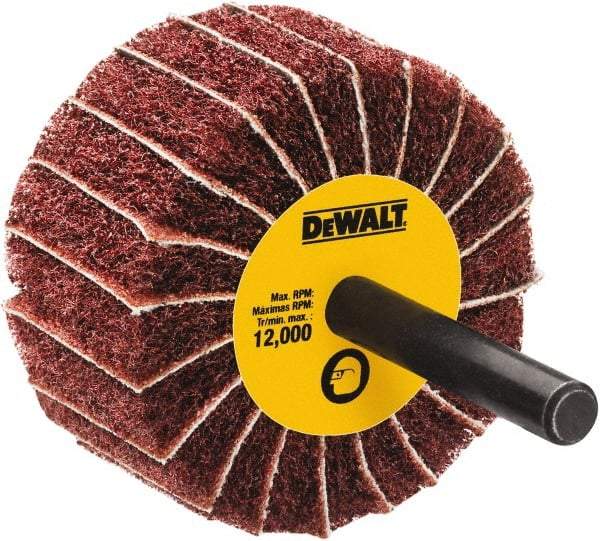 DeWALT - 4" Diam x 1-3/4" Face Width, Fine Aluminum Oxide Coated Mounted Flap Wheel - 1/4" Shank Mount, 100 Grit, Interleaf, Cloth Backing, 25,000 Max RPM - Apex Tool & Supply